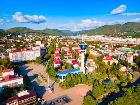 Tuapse aerial panoramic view. Tuapse is a resort town located on the Black Sea shore in Krasnodar Krai, Russia.の写真素材