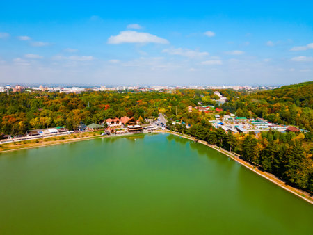 Kurortnoye lake aerial panoramic view in Nalchik, the capital city of the Kabardino-Balkarian Republic in Russia.の写真素材