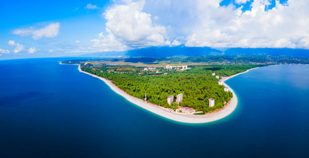 Pitsunda city beach aerial panoramic view. Pitsunda is a resort town on the Black Sea shore, Gagra district of Abkhazia in Georgia.の写真素材