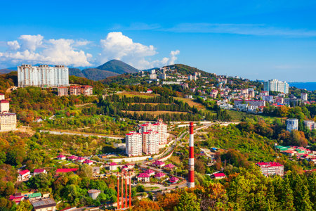 Sochi city centre aerial panoramic view. Sochi is the resort city along the Black Sea in Russia.の写真素材