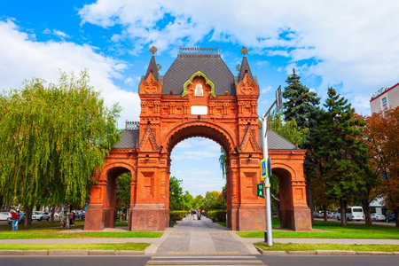 Triumphal Arch at the Krasnaya street boulevard in the centre of Krasnodar city in Russiaの写真素材