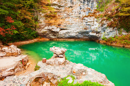 Blue Lake or Tsisferi Lake or Goluboye Ozero is located on the right bank of the Bzyb river in Abkhazia region of Georgiaの写真素材