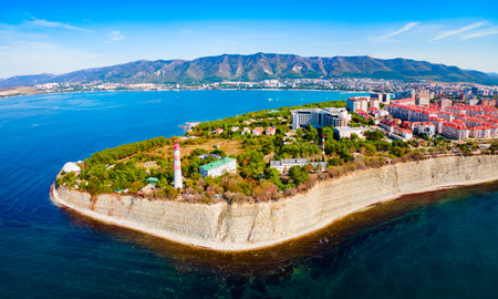 Gelendzhik city cape aerial panoramic view. Gelendzhik is a resort town located on the Gelenjik Bay of the Black Sea in Krasnodar Krai, Russia.の写真素材