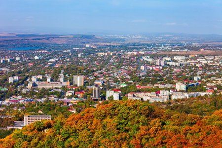 Pyatigorsk city centre aerial panoramic view. Pyatigorsk is a spa city in Caucasian Mineral Waters region, Stavropol Krai in Russiaの写真素材
