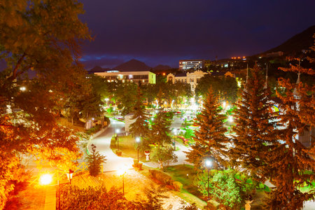 Pyatigorsk city centre aerial panoramic view at night. Pyatigorsk is a spa city in Caucasian Mineral Waters region, Stavropol Krai in Russiaの写真素材