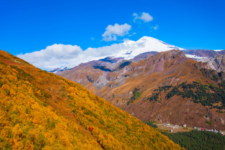 Mount Elbrus is the highest and most prominent mountain peak in Russia and Europeの写真素材