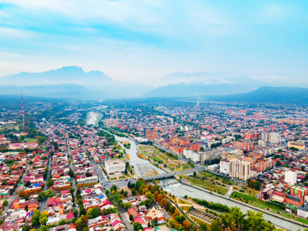 Vladikavkaz aerial panoramic view. Vladikavkaz is the capital city of the Republic of North Ossetia-Alania in Russia.の写真素材