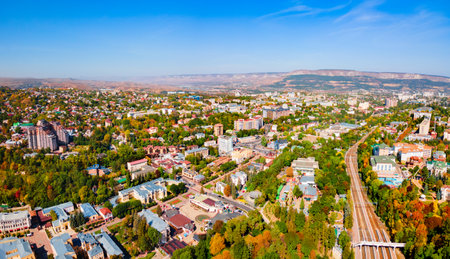 Kislovodsk city aerial panoramic view. Kislovodsk is a spa city in Caucasian Mineral Waters region, Stavropol Krai, Russia.の写真素材