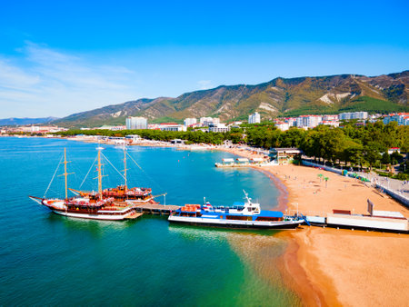 Gelendzhik city beach aerial panoramic view. Gelendzhik is a resort town located on the Gelenjik Bay of the Black Sea in Krasnodar Krai, Russia.の写真素材
