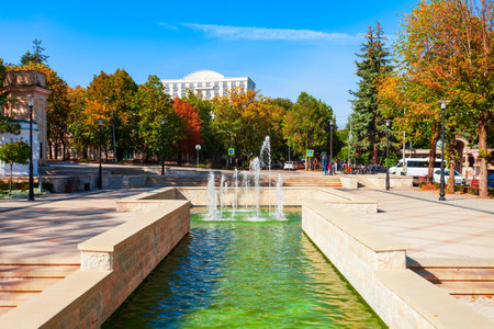 Fountain square near Kurortny park in Yessentuki, a spa city in Caucasian Mineral Waters region, Stavropol Krai in Russiaの写真素材