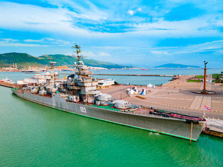Novorossiysk, Russia - October 02, 2020: Soviet cruiser museum Mikhail Kutuzov aerial panoramic view in Novorossiysk main port on the Black Sea in Krasnodar Krai, Russia.のeditorial素材