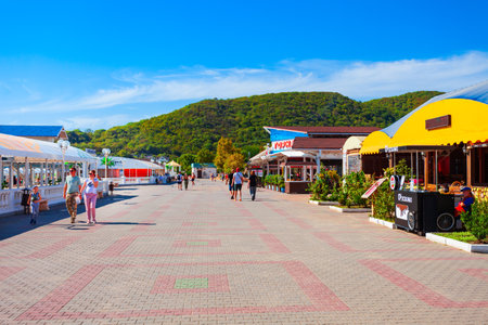 Arkhipo-Osipovka, Russia - October 03, 2020: Embankment promenade in Arkhipo Osipovka resort town near Gelendzhik on the Black Sea shore in Russiaのeditorial素材