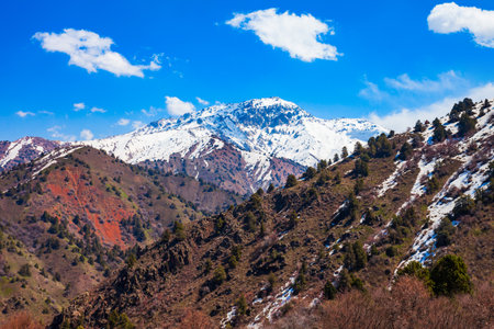 Beldersay mountain in Tian Shan range, Chimgan region near Taskent city in Uzbekistan in spring, view from cable carの写真素材