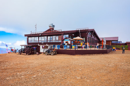 Sochi, Russia - October 06, 2020: Cable car station building at the Rose Peak, an alpine ski resort located near Rosa Khutor and Krasnaya Polyana town in Sochi city, Russiaのeditorial素材