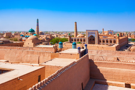 Itchan Kala city walls. Itchan or Ichan Kala is an ancient walled inner town of the city of Khiva in Uzbekistan.の写真素材