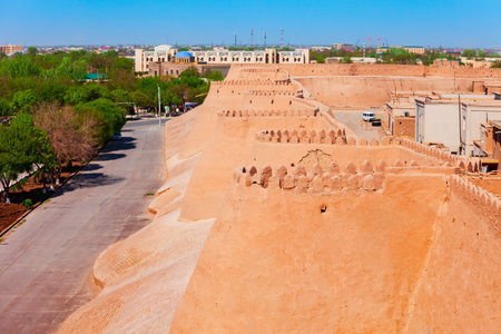 Itchan Kala city walls. Itchan or Ichan Kala is an ancient walled inner town of the city of Khiva in Uzbekistan.の写真素材