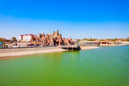 Yoshlar Koli or Youth Lake or Molodezhnoye Ozero at the Amir Timur Park in the centre of Urgench city, Uzbekistanの写真素材