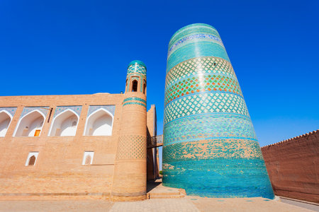 Kalta Minor Minaret at the Itchan Kala, the walled inner town of the city of Khiva in Uzbekistanの写真素材
