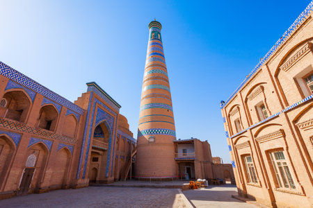Islam Khodja Minaret at the Itchan Kala, the walled inner town of the city of Khiva in Uzbekistanの写真素材