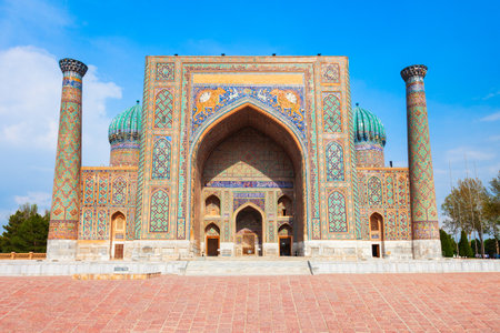 Registan Sher Dor Madrasa is a part of Registan ancient city, Samarkand in Uzbekistanの写真素材