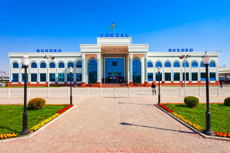 Bukhara, Uzbekistan - April 16, 2021: Buxoro Vokzal building is the main passenger railway station in Bukhara city, Uzbekistanのeditorial素材