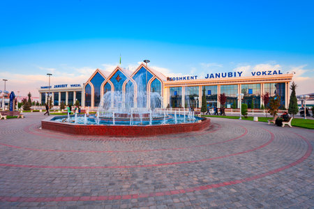Tashkent, Uzbekistan - April 12, 2021: Yuzhny Vokzal is the main passenger railway station in Tashkent city, Uzbekistan at sunsetのeditorial素材