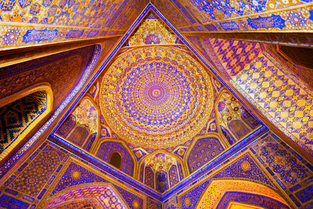 Samarkand, Uzbekistan - April 18, 2021: Registan Tilya Kori Madrasah mosaic pattern design background of ceramic tiles in Samarkand city, Uzbekistanのeditorial素材