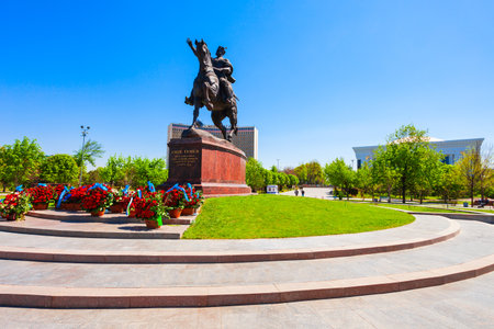 Tashkent, Uzbekistan - April 11, 2021: Amir Timur monument and square in the centre of Tashkent city in Uzbekistanのeditorial素材