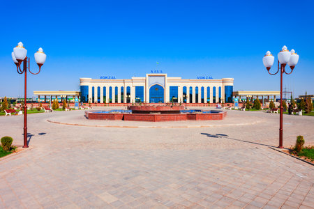 Khiva, Uzbekistan - April 15, 2021: Xiva Vokzal building is the main passenger railway station in Khiva city, Uzbekistanのeditorial素材