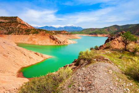 Lake Hisorak is a water reservoir near Shahrisabz city in Uzbekistanの写真素材