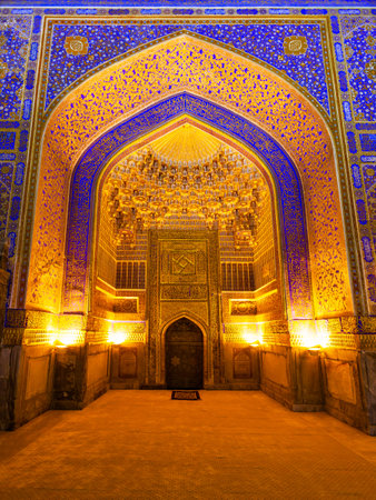Samarkand, Uzbekistan - April 18, 2021: Registan Tilya Kori Madrasah mosaic pattern design background of ceramic tiles in Samarkand city, Uzbekistanのeditorial素材