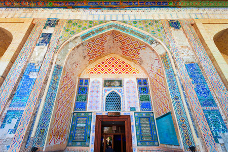Bukhara, Uzbekistan - April 16, 2021: Bolo Haouz interior decoration pattern background. Bolo Khauz Mosque is located opposite the Ark fortress in Bukhara, Uzbekistan.のeditorial素材
