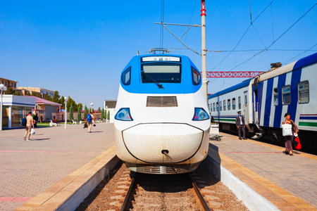 Bukhara, Uzbekistan - April 16, 2021: Afrosiyob or Afrosiab is a high speed electric train operated on the Tashkent - Samarkand line at Bukhara station, Uzbekistanのeditorial素材