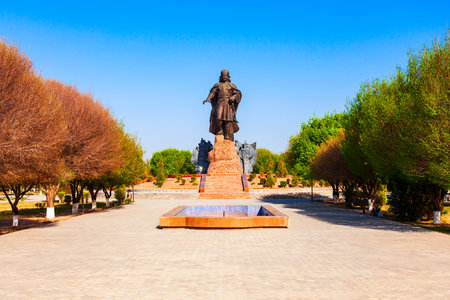 Urgench, Uzbekistan - April 13, 2021: Jalal al-Din Mingburnu Khwarazmshah or Jaloliddin Manguberdi monument and park in Urgench city, Uzbekistanのeditorial素材
