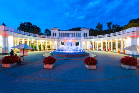 Kislovodsk, Russia - September 28, 2020: Colonnade with fountain at Kurortny Boulevard Park entrance in Kislovodsk spa city, Caucasian Mineral Waters region, Russiaのeditorial素材