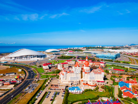 Sochi, Russia - October 04, 2020: Bogatyr castle - hotel and congress center complex aerial panoramic view in Sochi Theme Park in Sochi resort city in Russiaのeditorial素材