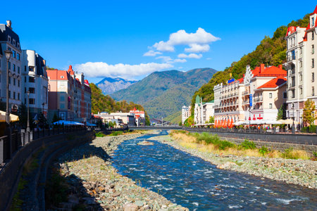 Rosa Khutor, Russia - October 06, 2020: Mzymta river embankment in Roza Khutor, an alpine ski resort located near Krasnaya Polyana town in Sochi region, Russia.のeditorial素材