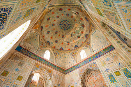 Shahrisabz, Uzbekistan - April 19, 2021: Kok Gumbaz Mosque ornament pattern design interior in Shahrisabz city, Uzbekistanのeditorial素材