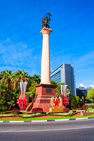 Sochi, Russia - October 04, 2020: Saint Michael the Archangel column monument in the centre of Sochi resort city in Russiaのeditorial素材