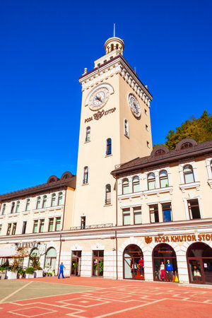 Rosa Khutor, Russia - October 06, 2020: Town Hall in the centre of Roza Khutor, an alpine ski resort located near Krasnaya Polyana town in Sochi region, Russiaのeditorial素材