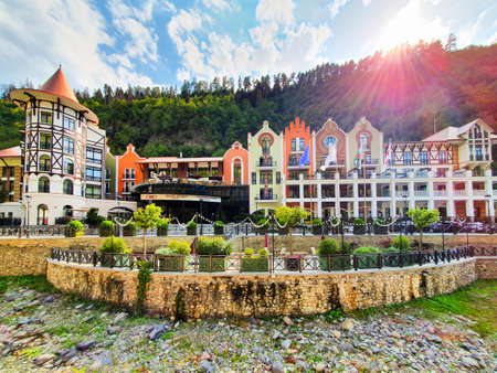 Borjomi, Georgia - September 01, 2021: Crowne Plaza Borjomi Hotel. Borjomi is a resort town in Samtskhe Javakheti region of Georgia.のeditorial素材