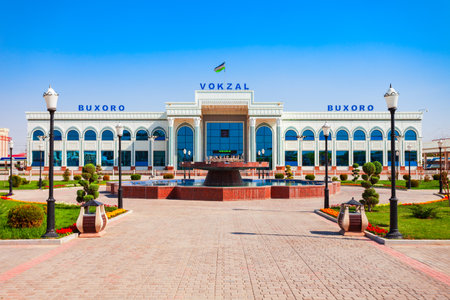 Bukhara, Uzbekistan - April 16, 2021: Buxoro Vokzal building is the main passenger railway station in Bukhara city, Uzbekistanのeditorial素材