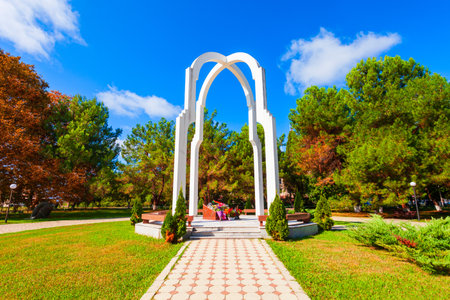 Pitsunda, Georgia - October 05, 2020: Memorial monument to the heroes who fallen and murdered in the War of Independence in Pitsunda town, Gagra district of Abkhazia in Georgiaのeditorial素材