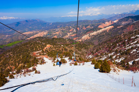 Chimgan, Uzbekistan - April 12, 2021: Cable Car to the Beldersay Mountain in Chimgan region near Taskent city in Uzbekistan in springのeditorial素材