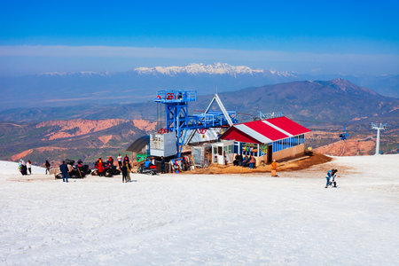 Chimgan, Uzbekistan - April 12, 2021: Cable Car station on the Beldersay Mountain in Chimgan region near Taskent city in Uzbekistan in springのeditorial素材