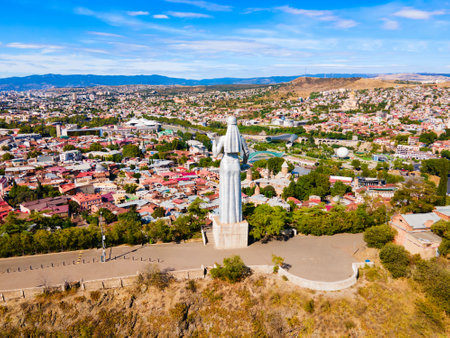 Tbilisi, Georgia - September 04, 2021: Kartlis Deda or Mother of Georgia monument aerial panoramic view in Tbilisi old town. Tbilisi is the capital and the largest city of Georgia.のeditorial素材