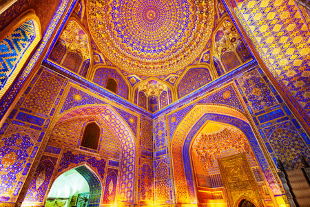 Samarkand, Uzbekistan - April 18, 2021: Registan Tilya Kori Madrasah mosaic pattern design background of ceramic tiles in Samarkand city, Uzbekistanのeditorial素材