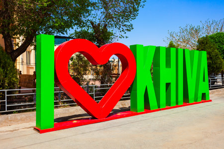 Khiva, Uzbekistan - April 15, 2021: Volumetric inscription I Love Khiva at the Ichan Kala, an ancient walled inner town of the city of Khiva in Uzbekistanのeditorial素材
