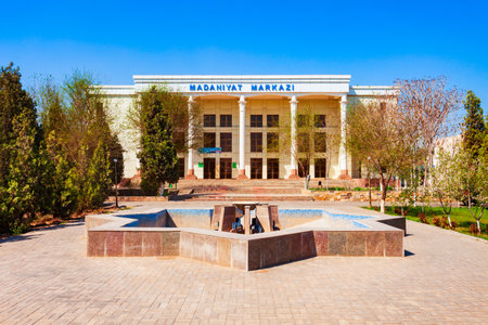 Urgench, Uzbekistan - April 13, 2021: Madaniyat Markazi or Dom Kultury is a cultural center in Urgench city, Uzbekistanのeditorial素材