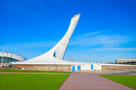 Sochi, Russia - October 04, 2020: Bowl of the Olympic flame Firebird at Sochi Olympic Park in Adler. Park was constructed for the 2014 Winter Olympics and Paralympics.のeditorial素材